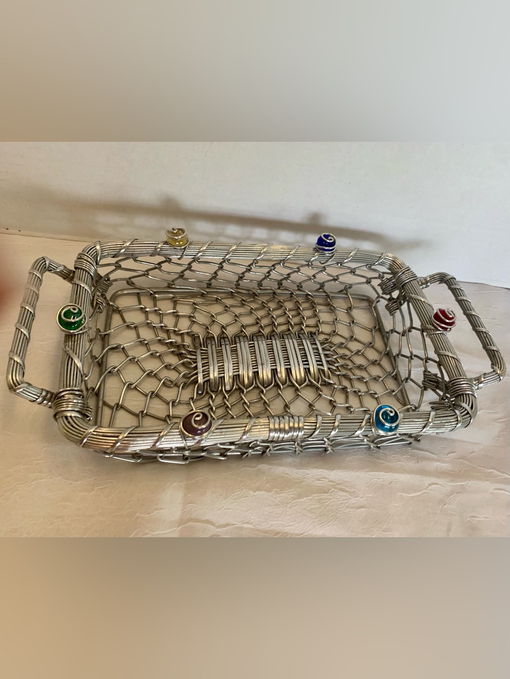 Vintage Dary Rees Original 14" Woven Silver Metal Basket with Gem Accents